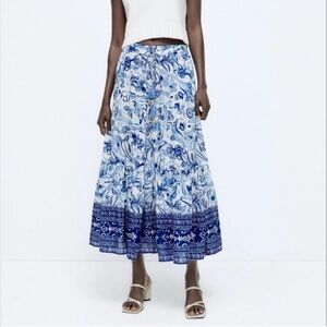Zara Blue and White shell tie cotton maxi skirt